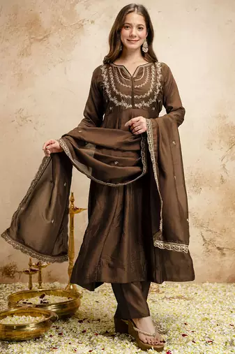 Brown embroidered vichitra silk anarkali suit