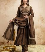 Brown embroidered vichitra silk anarkali suit