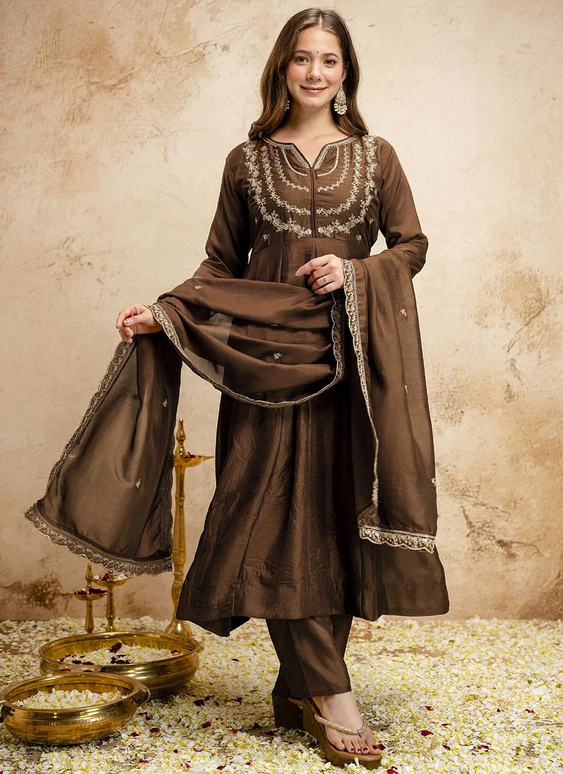 Brown embroidered vichitra silk anarkali suit