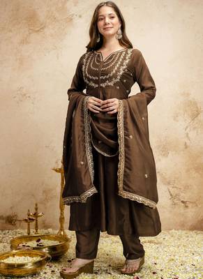 Brown embroidered vichitra silk anarkali suit 2