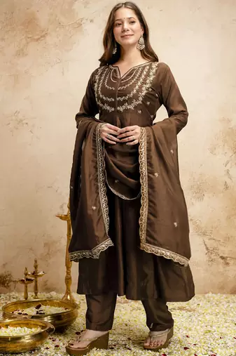 Brown embroidered vichitra silk anarkali suit