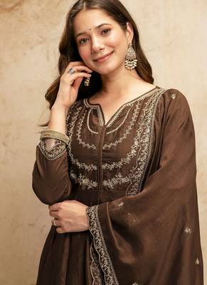 Brown embroidered vichitra silk anarkali suit 3