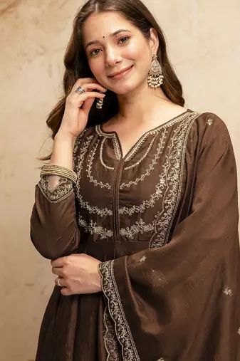 Brown embroidered vichitra silk anarkali suit