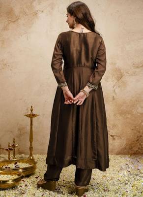 Brown embroidered vichitra silk anarkali suit 4