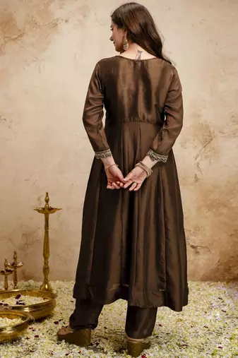 Brown embroidered vichitra silk anarkali suit