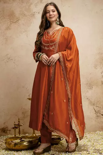 Dark-orange embroidered vichitra silk anarkali suit