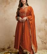 Dark-orange embroidered vichitra silk anarkali suit