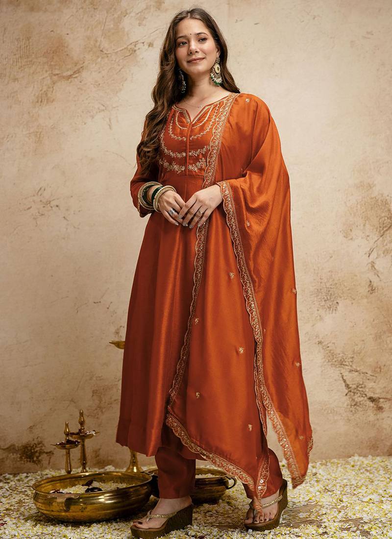 Dark-orange embroidered vichitra silk anarkali suit