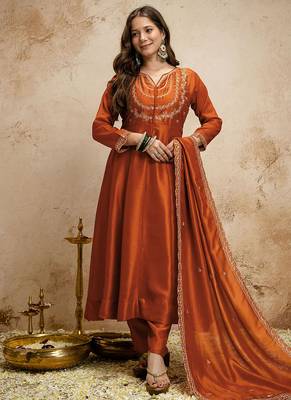 Dark-orange embroidered vichitra silk anarkali suit 2