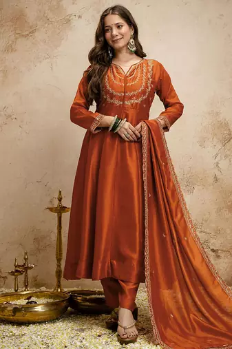 Dark-orange embroidered vichitra silk anarkali suit