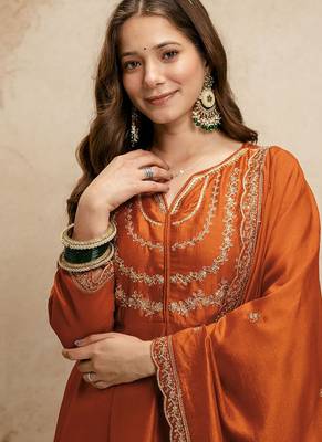 Dark-orange embroidered vichitra silk anarkali suit 3