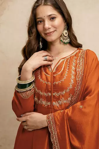 Dark-orange embroidered vichitra silk anarkali suit
