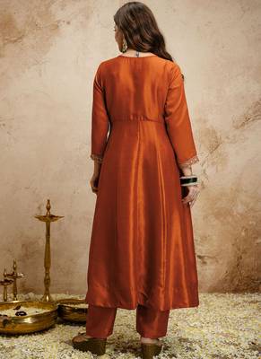 Dark-orange embroidered vichitra silk anarkali suit 4