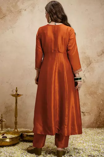 Dark-orange embroidered vichitra silk anarkali suit
