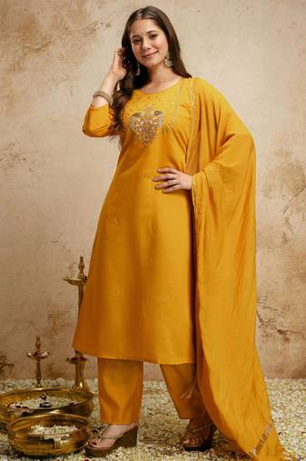 Yellow embroidered chanderi salwar suit