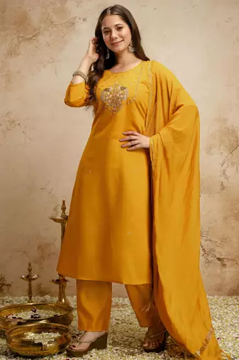 Yellow embroidered chanderi salwar suit