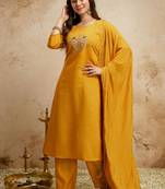 Yellow embroidered chanderi salwar suit