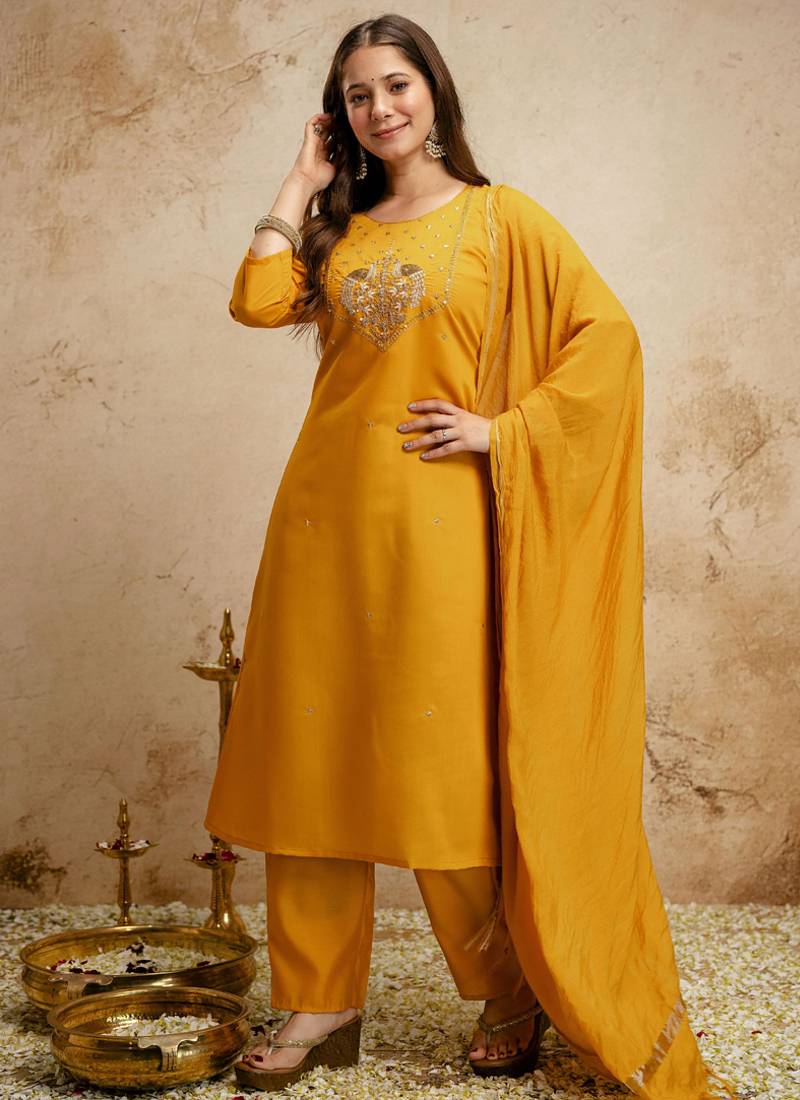 Yellow embroidered chanderi salwar suit