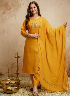 Yellow embroidered chanderi salwar suit 2