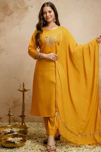 Yellow embroidered chanderi salwar suit