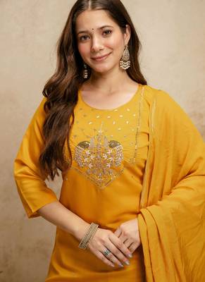 Yellow embroidered chanderi salwar suit 3