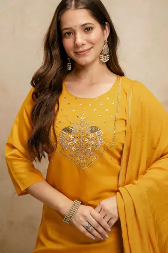 Yellow embroidered chanderi salwar suit