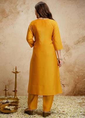 Yellow embroidered chanderi salwar suit 4