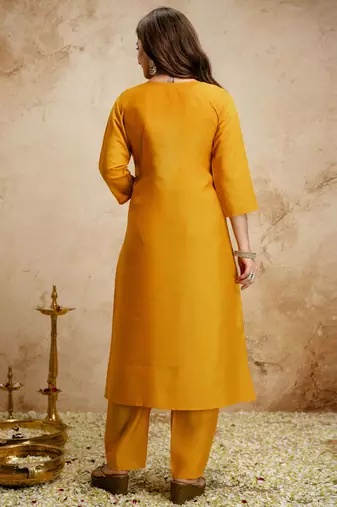 Yellow embroidered chanderi salwar suit