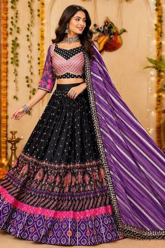 black digital print malai silk blend lehenga choli with dupatta