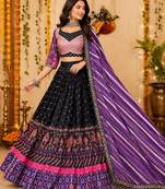 Black Malai Silk Blend Digital Print Lehenga Choli with Mirror Work & Dupatta