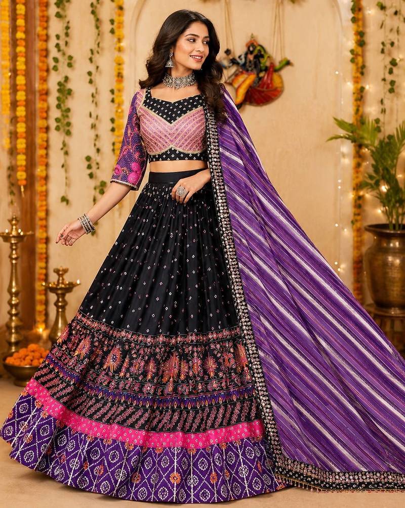 Black Malai Silk Blend Digital Print Lehenga Choli with Mirror Work & Dupatta