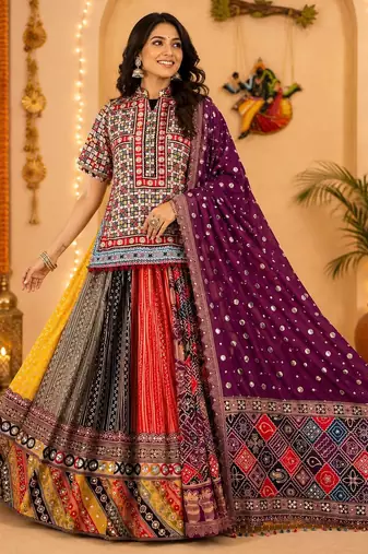 Multicolor Navratri Muslin Cotton Chaniya Choli with Mirror Work & Dupatta