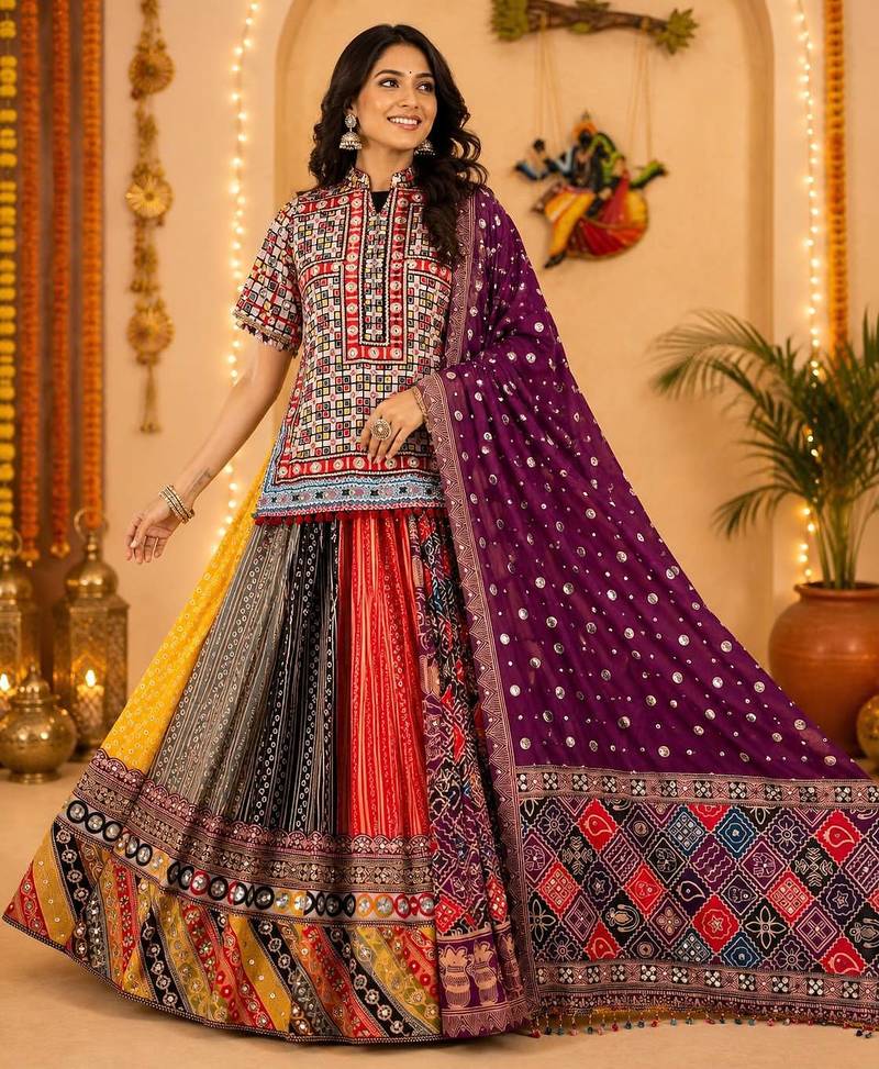 Multicolor Navratri Muslin Cotton Chaniya Choli with Mirror Work & Dupatta