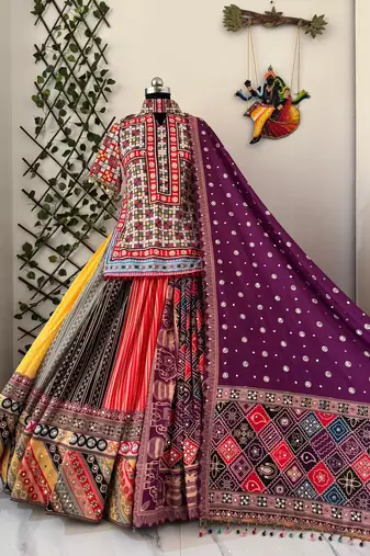 Multicolor Navratri Muslin Cotton Chaniya Choli with Mirror Work & Dupatta