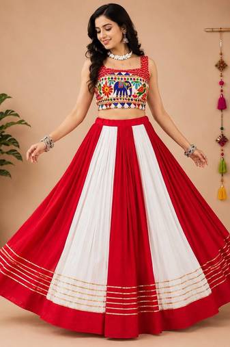 Red Rayon Cotton Navratri Lehenga Choli with Gota Patti & Gamthi Work