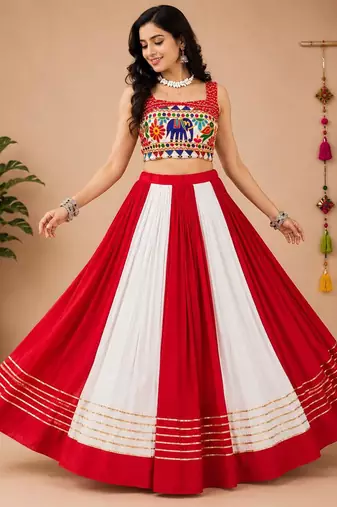Red Rayon Cotton Navratri Lehenga Choli with Gota Patti & Gamthi Work