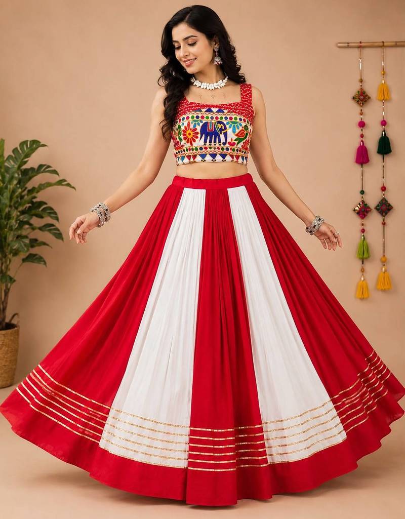 Red Rayon Cotton Navratri Lehenga Choli with Gota Patti & Gamthi Work