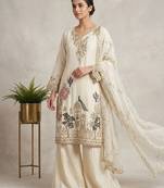 Cream fendy embroidered kurta palazzo set with dupatta