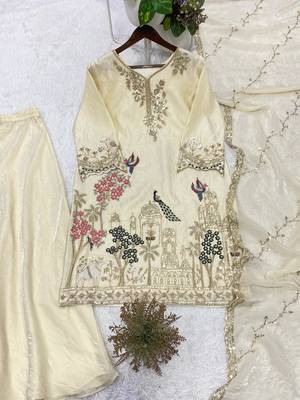 Cream fendy embroidered kurta palazzo set with dupatta 2