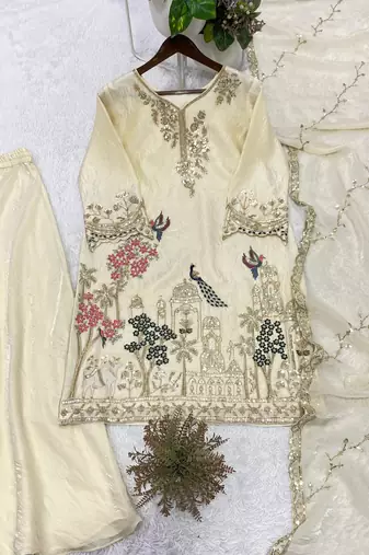 Cream fendy embroidered kurta palazzo set with dupatta