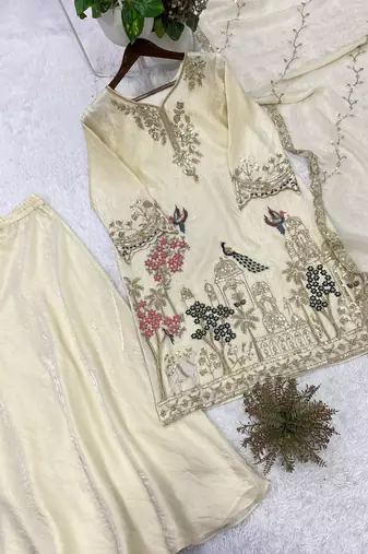 Cream fendy embroidered kurta palazzo set with dupatta