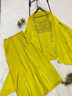 Green french crepe mirror work blouse skirt shrug set 3