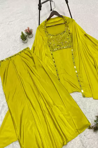 Green french crepe mirror work blouse skirt shrug set