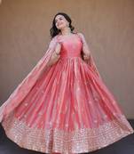 Coral fendi silk embroidered anarkali gown with dupatta