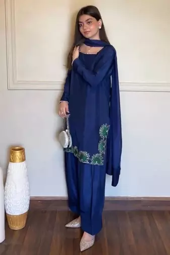 Blue french crepe mirror work blouse skirt shrug set