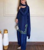 Blue french crepe mirror work blouse skirt shrug set
