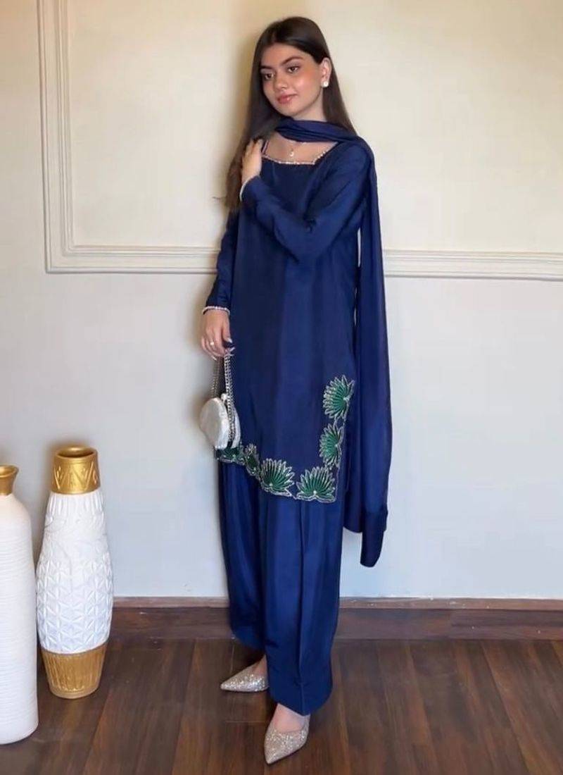 Blue french crepe mirror work blouse skirt shrug set