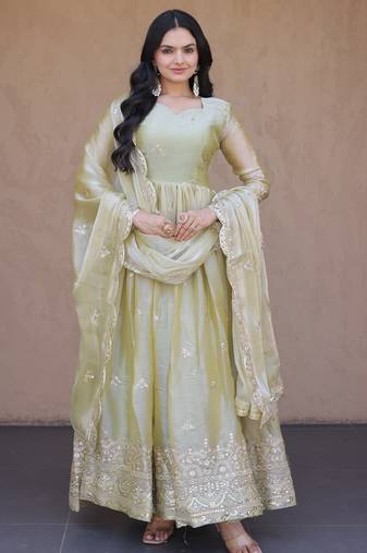 Green fendi silk embroidered anarkali gown with dupatta