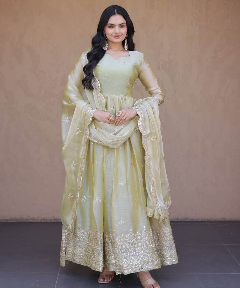 Green fendi silk embroidered anarkali gown with dupatta