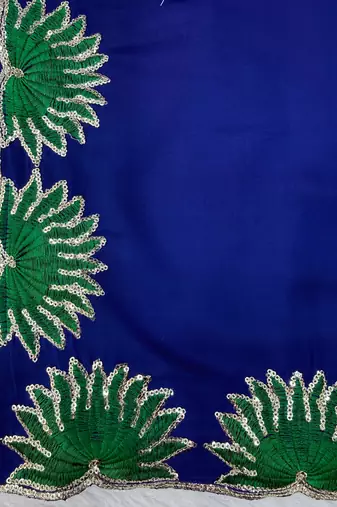 Blue french crepe mirror work blouse skirt shrug set